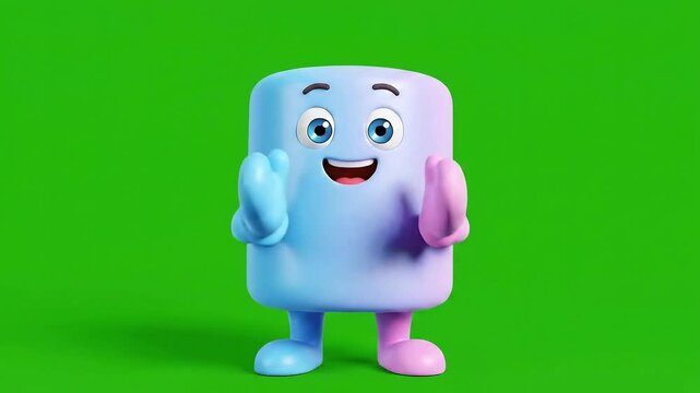 3D character clapping hands, pastel colors, green screen.