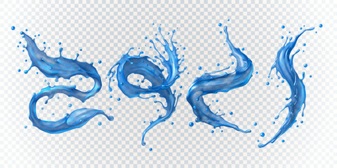 Realistic blue water splash set with droplets, curved liquid wave shapes on transparent background
