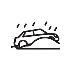Car stuck in snow during winter storm black and white line vector illustration