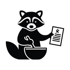 Raccoon mascot icon stirring a bowl and holding a document with a cross mark Vector, illustration