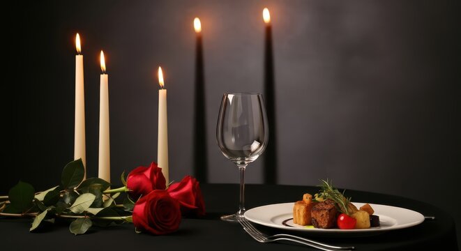 Romantic dinner setting with lit candles, a single rose, and a plate of food, creating an intimate atmosphere for a special occasion