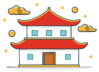 Obraz premium Stylized two story Asian pagoda building with red roof and clouds and stars