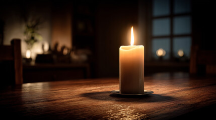 candle burning on wooden table in cozy dark room