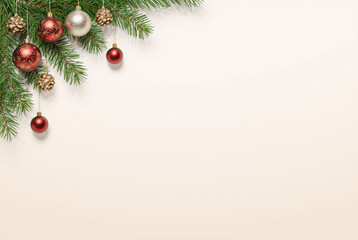 Festive christmas background with baubles, pine cones, and fir branches