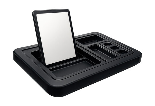 Central console featuring a removable tablet and customizable accessory slots.