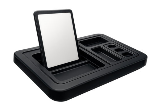 Central console featuring a removable tablet and customizable accessory slots.