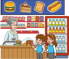 Vector illustration of students shopping in the school cafeteria.