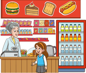 Vector illustration of students shopping in the school cafeteria.