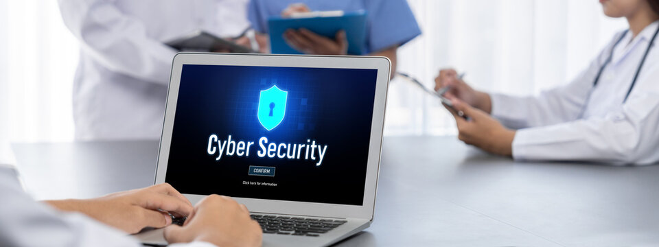 Cyber security system on computer screen protect private information brisk from hacker and cyber attack