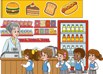 Vector illustration of students shopping in the school cafeteria.