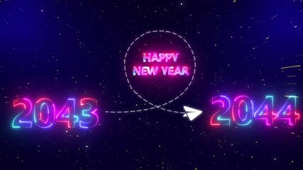 Upcoming new year 2043 to 2044 with a flying rocket on transparent background. new year startup goals, business plans. Motion graphics of upcoming year. 4k rendering video.