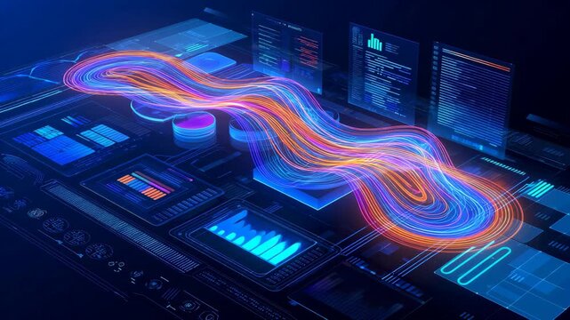 Abstract visualization of flowing data streams over futuristic digital interface with graphs, charts, and glowing lines, representing technology, analytics, and innovation concepts. - Powered by Adobe