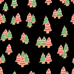 A playful seamless pattern featuring hand-drawn Christmas trees in traditional colors on a black background, great for modern holiday gift wrap, cards, and textiles.