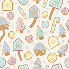 A whimsical Christmas seamless pattern with pastel houses, candy canes, trees, and holiday treats, perfect for children’s products, gift wrap, fabric, and stationery.