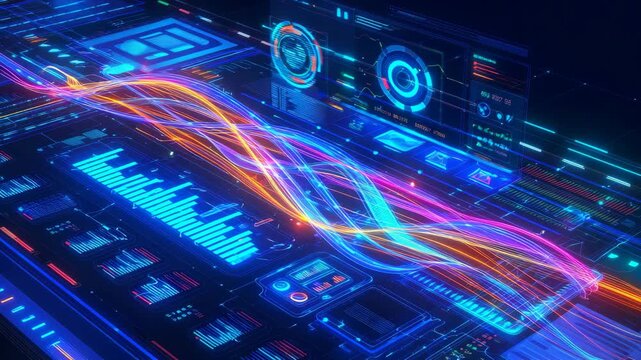 Abstract digital dashboard interface featuring dynamic neon light waves, HUD elements, and graphical charts representing data analytics, technology, and futuristic UI design concepts. - Powered by Adobe