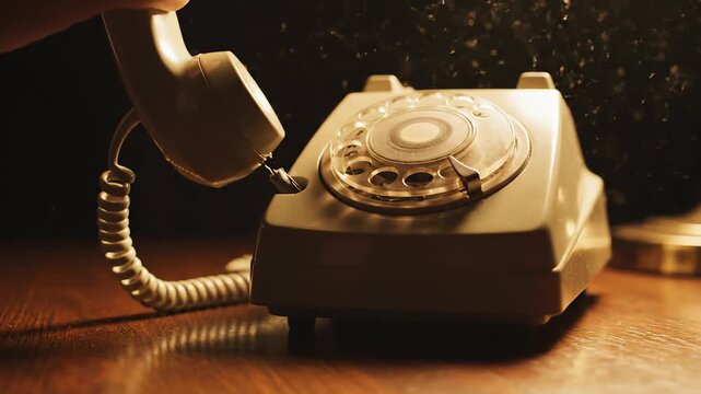 Retro rotary phone sequence: hand picking up receiver, call, communication, old technology concept