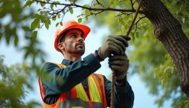 Arborist in safety gear handles rope while working on tree branch outdoors. Professional worker climbs high for maintenance service with tools and protection.