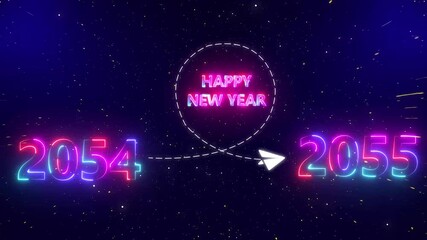Upcoming new year 2054 to 2055 with a flying rocket on transparent background. new year startup goals, business plans. Motion graphics of upcoming year. 4k rendering video.