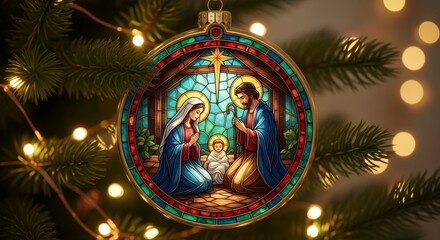 Christmas Ornament Hanging on a Glowing Christmas Tree