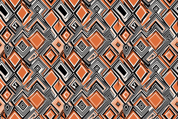 Seamless ethnic design, abstract geometric forms, energetic zigzags, symbolic elements, muted terracotta, ochre, dark brown, charcoal, cream, artisanal touch, fashion prints, home decor