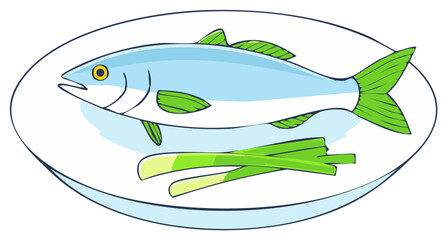 Cartoon illustration of a fresh blue fish with green fins served on a white plate with green onions.