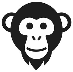 Minimalist black and white chimpanzee head icon illustration, simple monkey face graphic design element