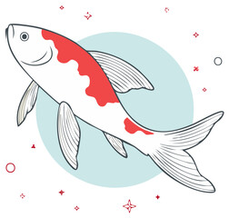 Koi fish graphic, vibrant white and red colors with decorative elements and a blue circle backdrop.