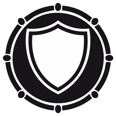 Black and white circular shield with a protective emblem symbol for security and safety.
