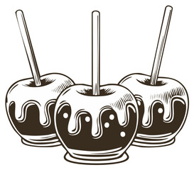 Three Delicious Candy Apples with Dark Coating and Sticks