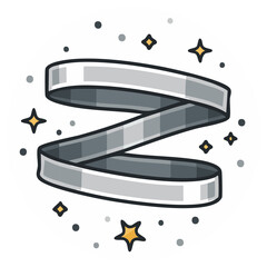 Twisted shiny silver ribbon banner with sparkles cartoon vector illustration