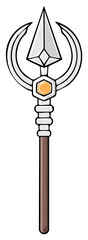 Cartoon illustration of a fantasy magic spear with a silver trident head and orange gemstone.