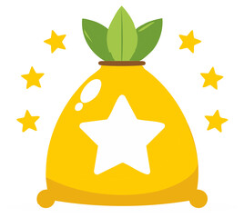 Stylized Gold Sack with Star Adornment and Green Sprouts Surrounded by Stars Isolated Concept Design