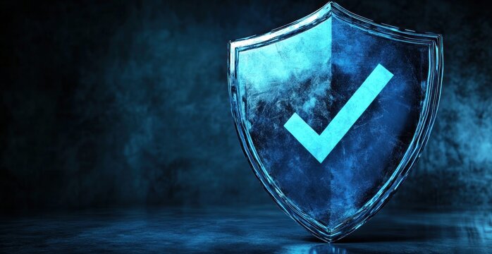 Glowing Blue Shield with Checkmark Symbol on Dark Background. Concept of Cybersecurity, Data Protection, and Digital Security Assurance.