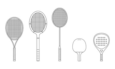 Various sports rackets tennis,retro tennis,badminton,table tennis,padel.Ideal for educational, design and infographic use.Line-art illustration isolated on white background.Racket icons set.EPS 10