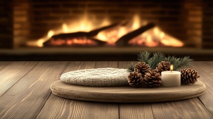 Three lit candles rest on a wooden table, accompanied by a soft knitted blanket and festive decorations, evoking warmth and comfort during the Christmas season