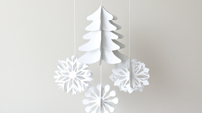 A beautiful collection of white paper snowflakes dangle gracefully from a metal frame, creating a winter wonderland effect in a cozy indoor setting