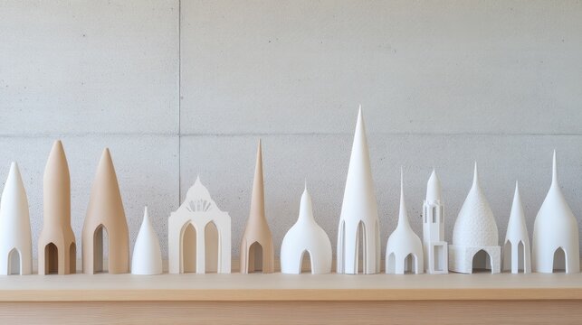 Delicate architectural paper cuts rest on wooden shelves, enhanced by natural lighting
