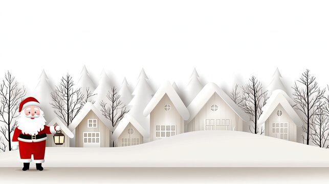 Santa Claus strolls happily through a snowy village, lantern and gifts in hand, amid snow-covered houses and festive lights, embracing the cheerful Christmas spirit