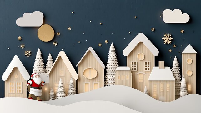 Santa Claus strolls happily through a snowy village, lantern and gifts in hand, amid snow-covered houses and festive lights, embracing the cheerful Christmas spirit