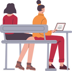 Student girls in a class sitting together and studying