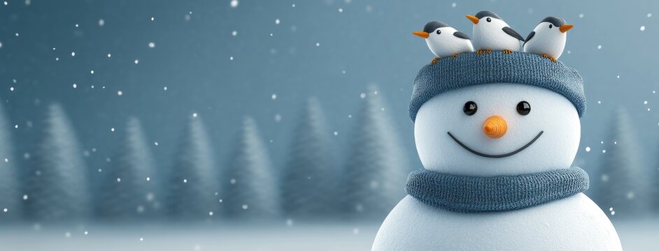 A cheerful snowman adorned with three birds sits in a snowy winter forest while gentle snowflakes fall against a blurred pastel background