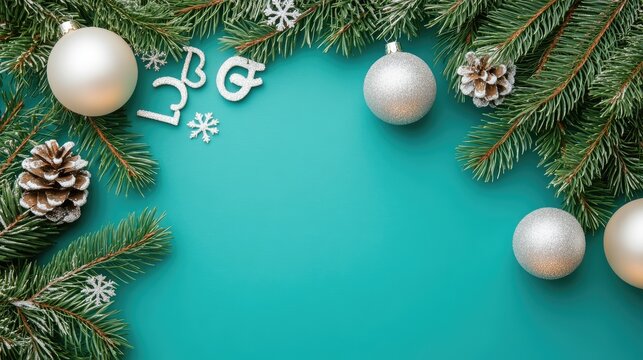 A festive arrangement showcases silver snowflakes, ornaments, and pinecones against a vibrant blue backdrop, creating a perfect setting for holiday greetings and seasonal decor