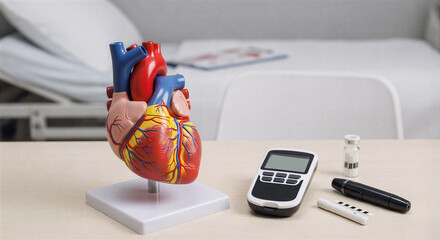 Anatomical heart model with glucose meter and medical devices on desk