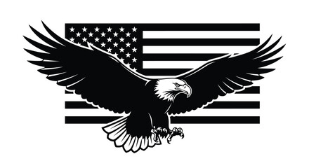 An American bald eagle soars in front of the United States flag.