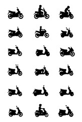 Black Scooter Silhouette Vector Graphics with Riders: Moped Illustrations, Motor Scooter Cutouts, & Urban Commuter Vehicle Design Clipart for Print