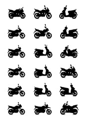 Premium Black Motorcycle & Scooter Silhouette Vector Graphics Diverse Motorbike Illustrations, Moped Cutouts, & Vehicle Design Clipart Collection.