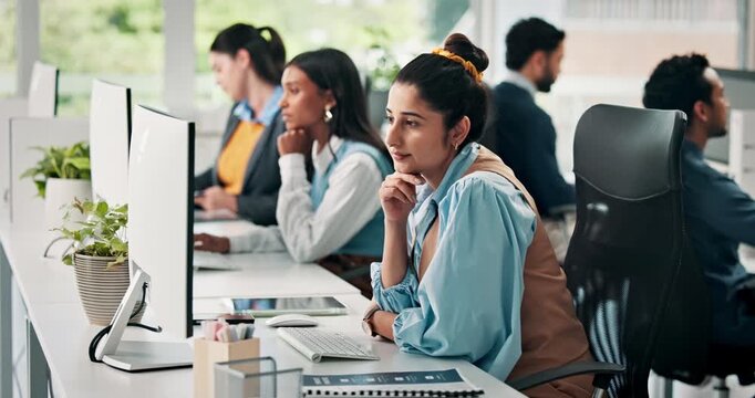 Office, thinking and woman with computer, online or proofreading story for journalism and coworking. Typing, reporter and people with technology for article, reflection and inspiration in newsroom