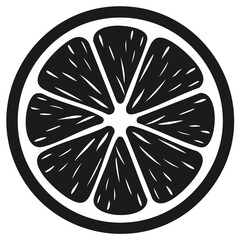 Black and white graphic illustration of a citrus slice fruit isolated on white background.