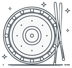 Vector Outline of Asian Gong with Beaters and Stars Celebration Musical Percussion