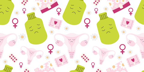 
Menstrual cycle seamless pattern — cute vector repeat design with uterus icon, hot water bottle, pills, period pouch, flowers and female symbol. Soft pastel colors, feminine flat style. 